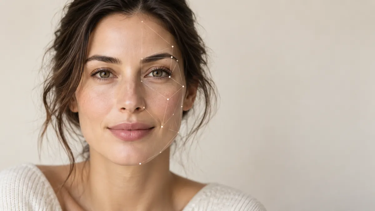 Woman's face with facial landmark lines used for beauty analysis