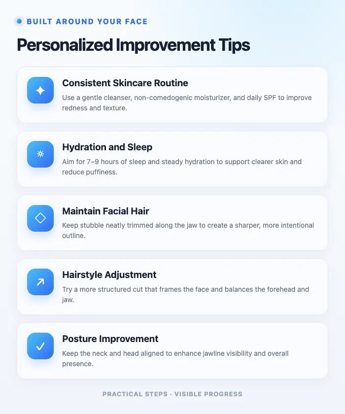 Example Looksmax report showing personalized improvement tips